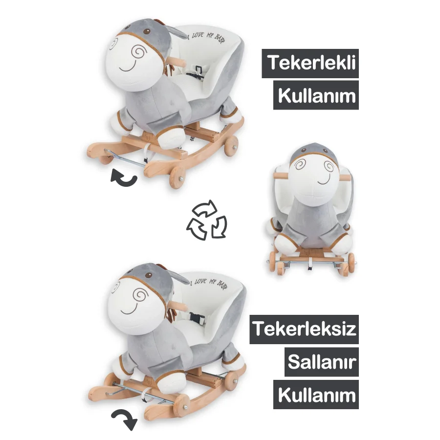 Babymiss Tekerlekli Ve Ahşap Ayaklı Sallanan At, Eşek Peluş Oyuncak