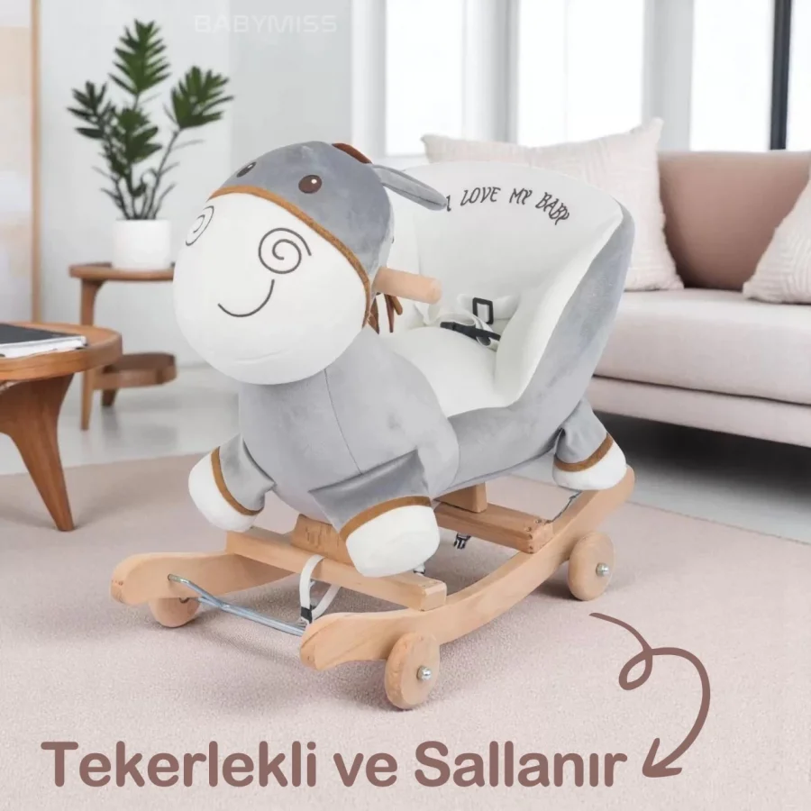 Babymiss Tekerlekli Ve Ahşap Ayaklı Sallanan At, Eşek Peluş Oyuncak