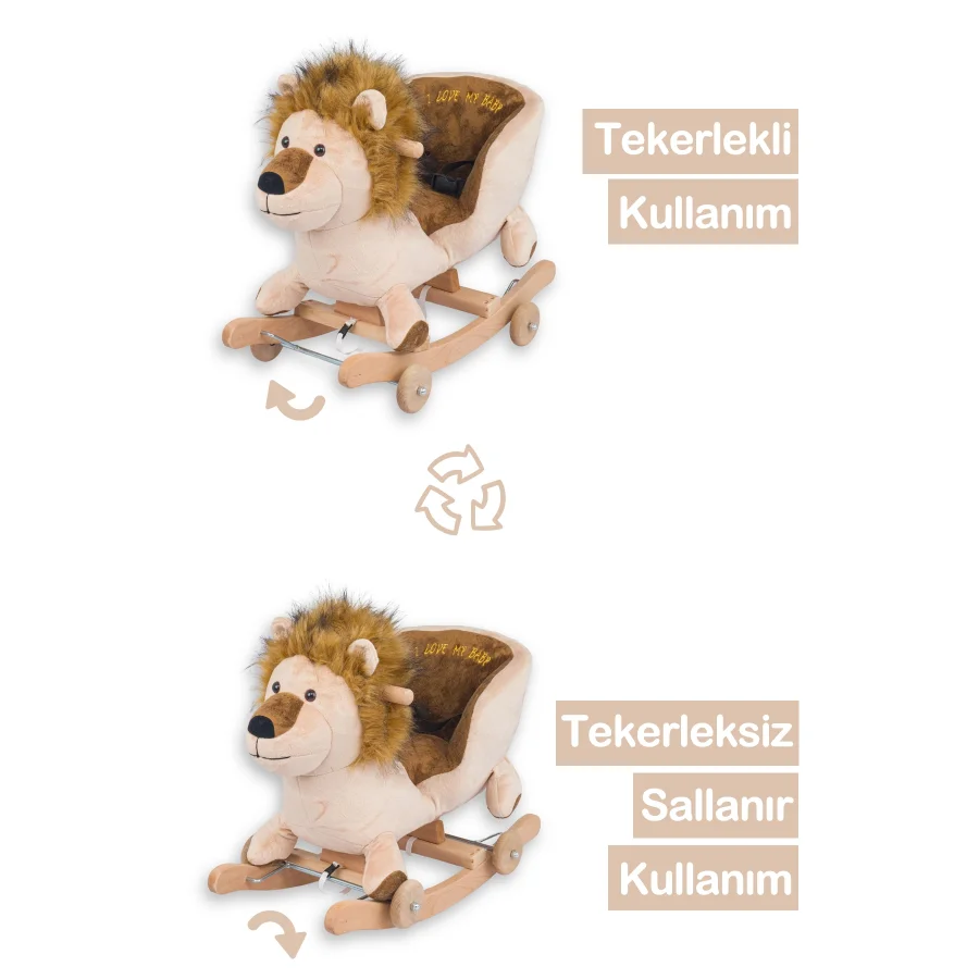 Babymiss Tekerlekli Ve Ahşap Ayaklı Sallanan At, Eşek Peluş Oyuncak - Aslan