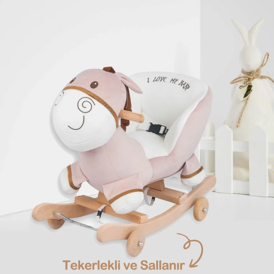 Babymiss Tekerlekli Ve Ahşap Ayaklı Sallanan At, Eşek Peluş Oyuncak - Krem