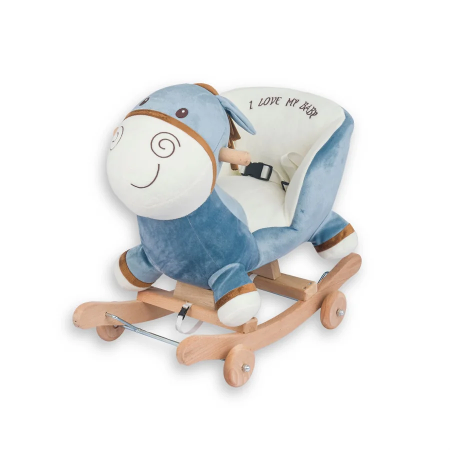 Babymiss Tekerlekli Ve Ahşap Ayaklı Sallanan At, Eşek Peluş Oyuncak - Mavi