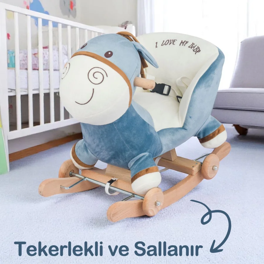 Babymiss Tekerlekli Ve Ahşap Ayaklı Sallanan At, Eşek Peluş Oyuncak - Mavi