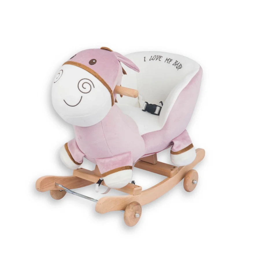 Babymiss Tekerlekli Ve Ahşap Ayaklı Sallanan At, Eşek Peluş Oyuncak - Pembe