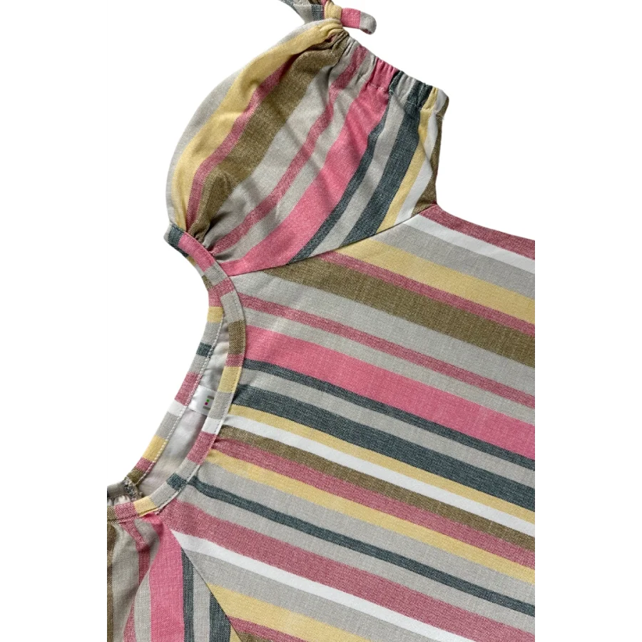 Balon Kollu Renkli Çizgili Desenli Tasarım Günlük Ve Rahat Yazlık Kız Çocuk Elbise