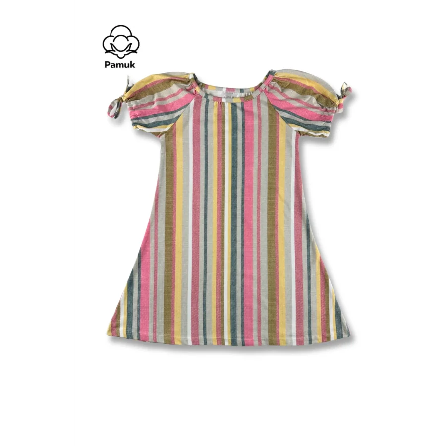 Balon Kollu Renkli Çizgili Desenli Tasarım Günlük Ve Rahat Yazlık Kız Çocuk Elbise