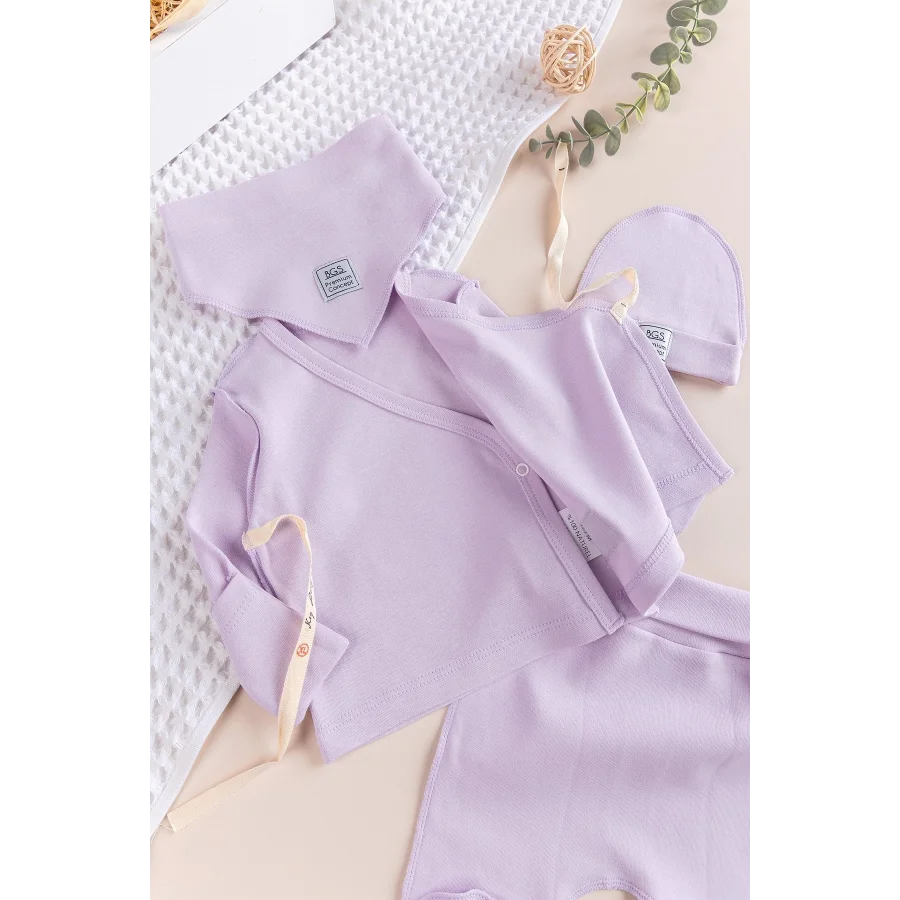 Begi Kendinden Eldivenli Natural Bebek Hastane Çıkışı Bebek Takımı Lila - 0-3 AY