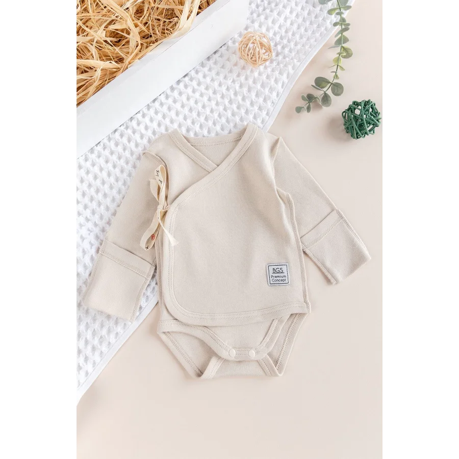 Begi Ters Dikişli Yeni Doğan Kruvaze Çıt Çıtlı Body Zıbın - Krem