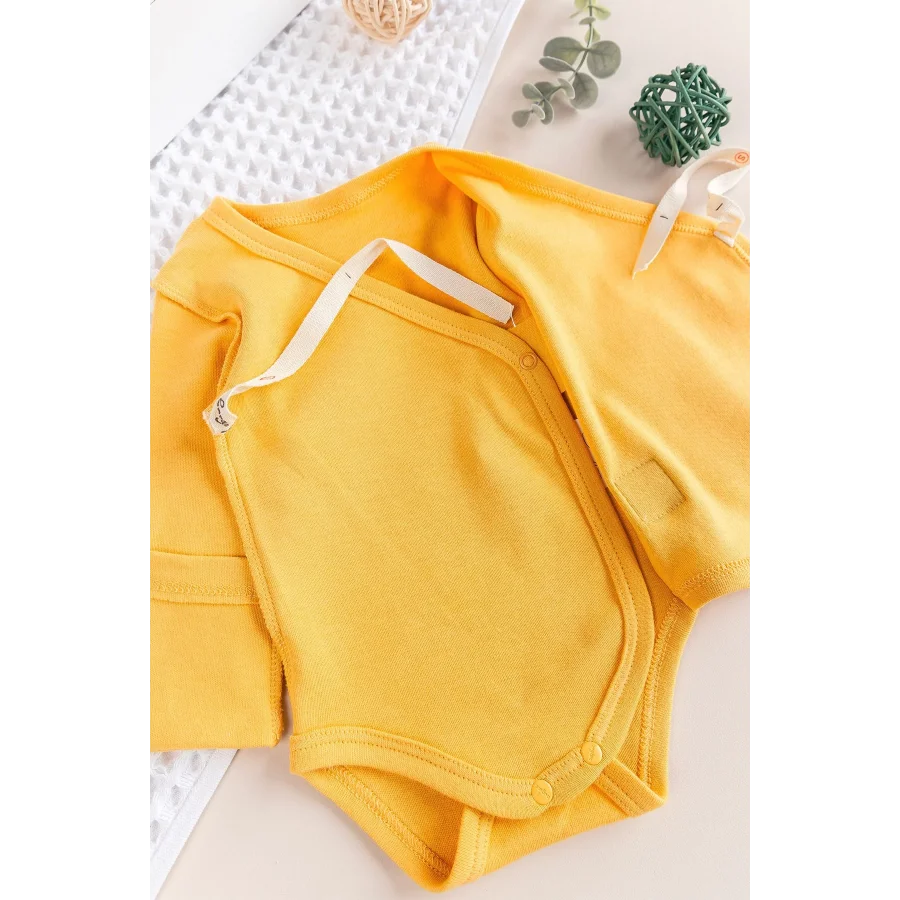 Begi Ters Dikişli Yeni Doğan Kruvaze Çıt Çıtlı Body Zıbın - Sarı
