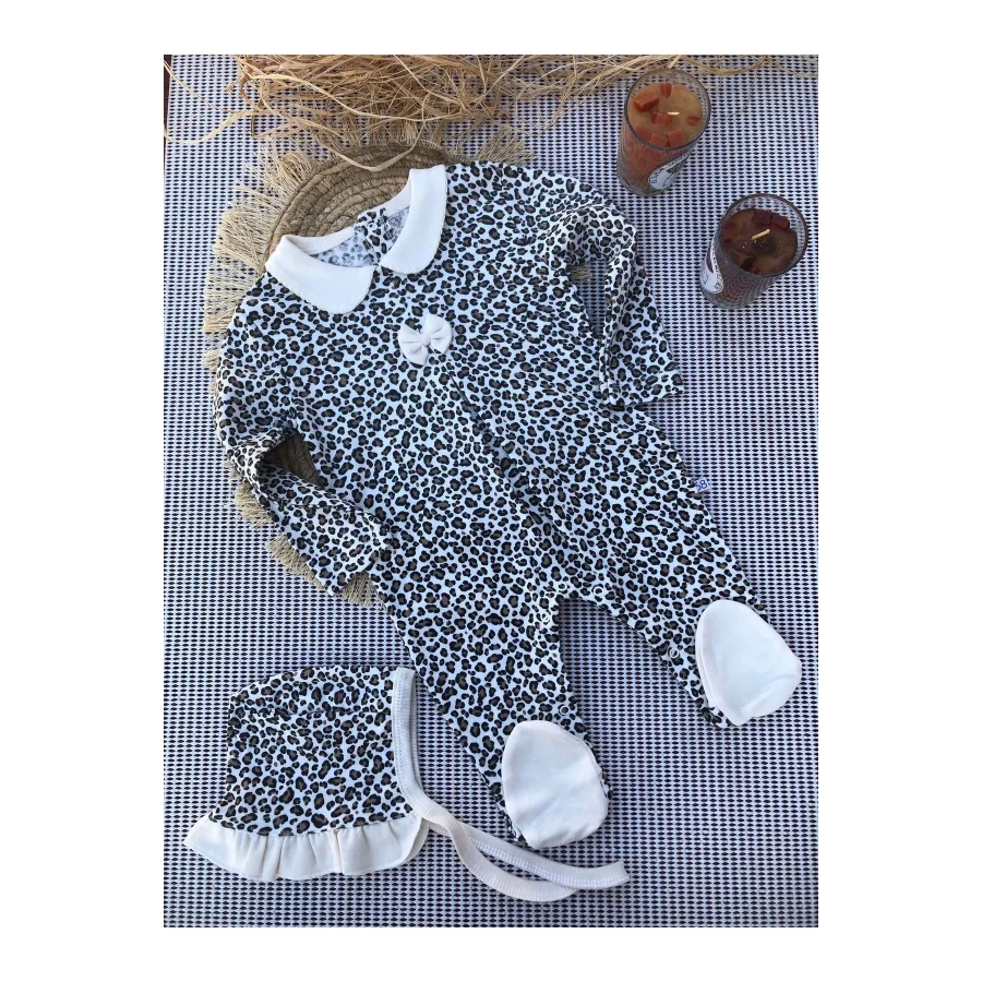 Begisa Bebe Yaka Leopar Desenli Şapkalı Tulum - Krem