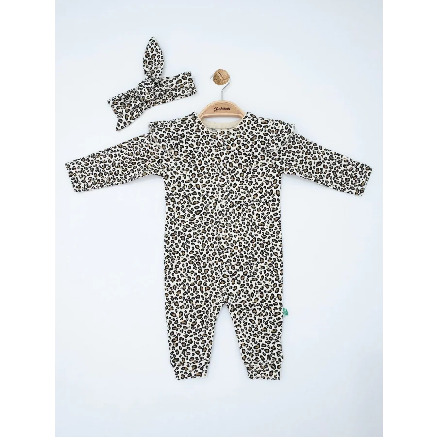 Begisa Leopar Desenli Bandanalı Kız Bebek Tulum