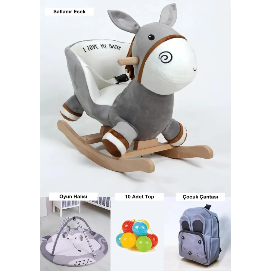 Çocuklar İçin Sallanır Eşek, Oyun Halısı, 10 Top ve Çocuk Çantası Seti - Eğlenceli ve Eğitici Aktivite Paketi