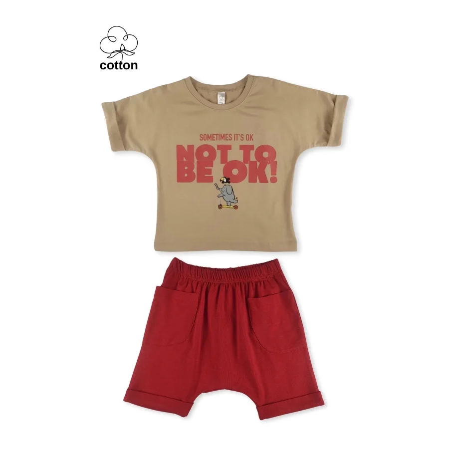 Difa Kids Baskılı Tarz Yazlık Unisex Çocuk Alt Üst Takım - Kahve