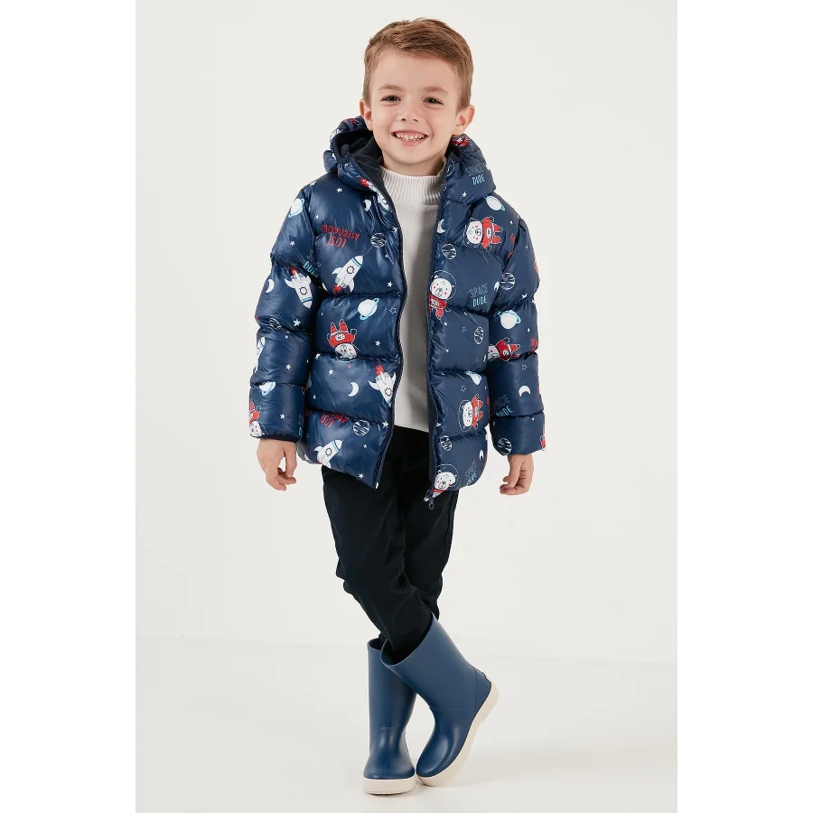 Ekstra Dolgulu İçi Yumuşak Polarlı Kapüşonlu Şişme Erkek Çocuk Mont - Lacivert