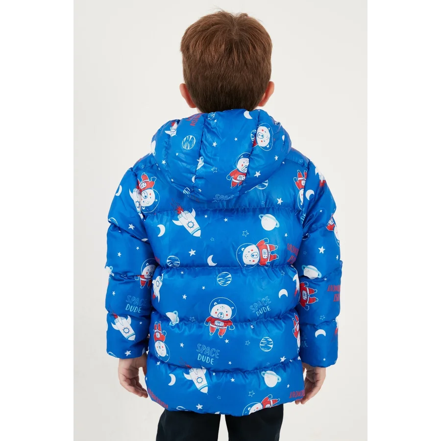 Ekstra Dolgulu İçi Yumuşak Polarlı Kapüşonlu Şişme Erkek Çocuk Mont - Lacivert