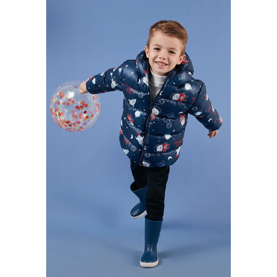 Ekstra Dolgulu İçi Yumuşak Polarlı Kapüşonlu Şişme Erkek Çocuk Mont - Lacivert