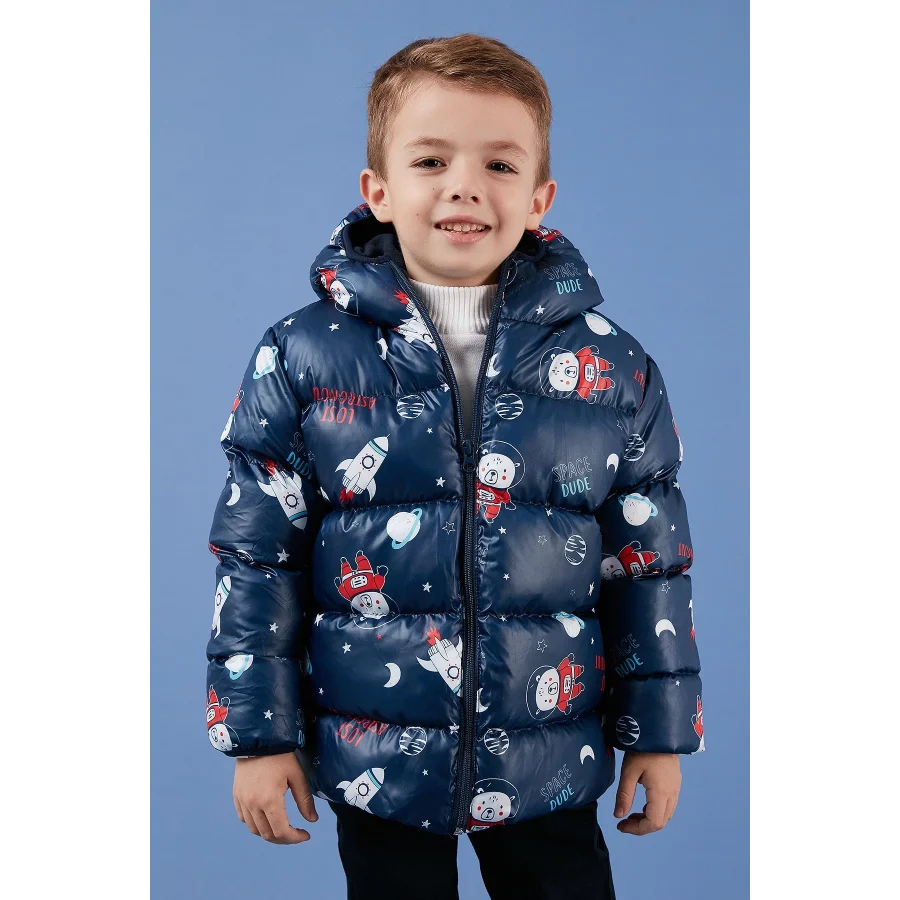 Ekstra Dolgulu İçi Yumuşak Polarlı Kapüşonlu Şişme Erkek Çocuk Mont - Lacivert