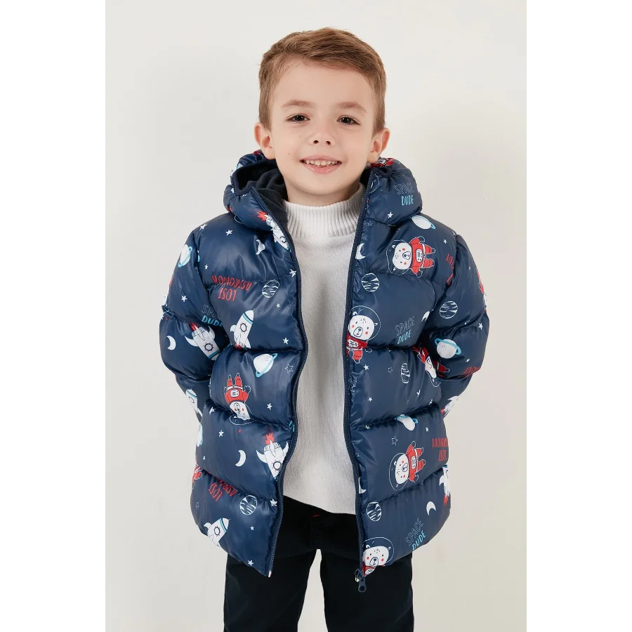 Ekstra Dolgulu İçi Yumuşak Polarlı Kapüşonlu Şişme Erkek Çocuk Mont - Lacivert