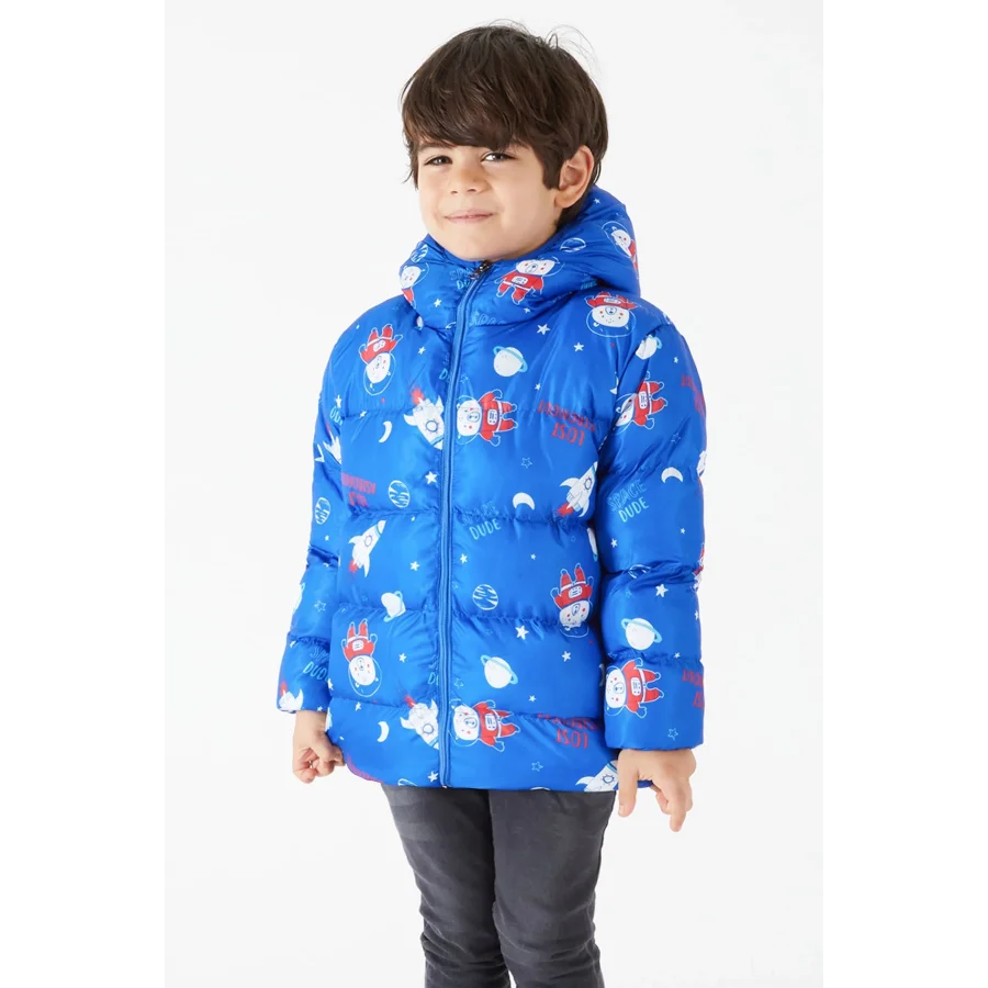 Ekstra Dolgulu İçi Yumuşak Polarlı Kapüşonlu Şişme Erkek Çocuk Mont - Lacivert