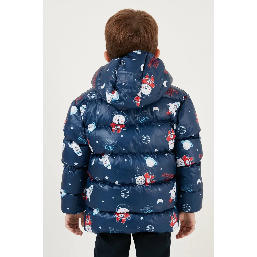 Ekstra Dolgulu İçi Yumuşak Polarlı Kapüşonlu Şişme Erkek Çocuk Mont - Lacivert