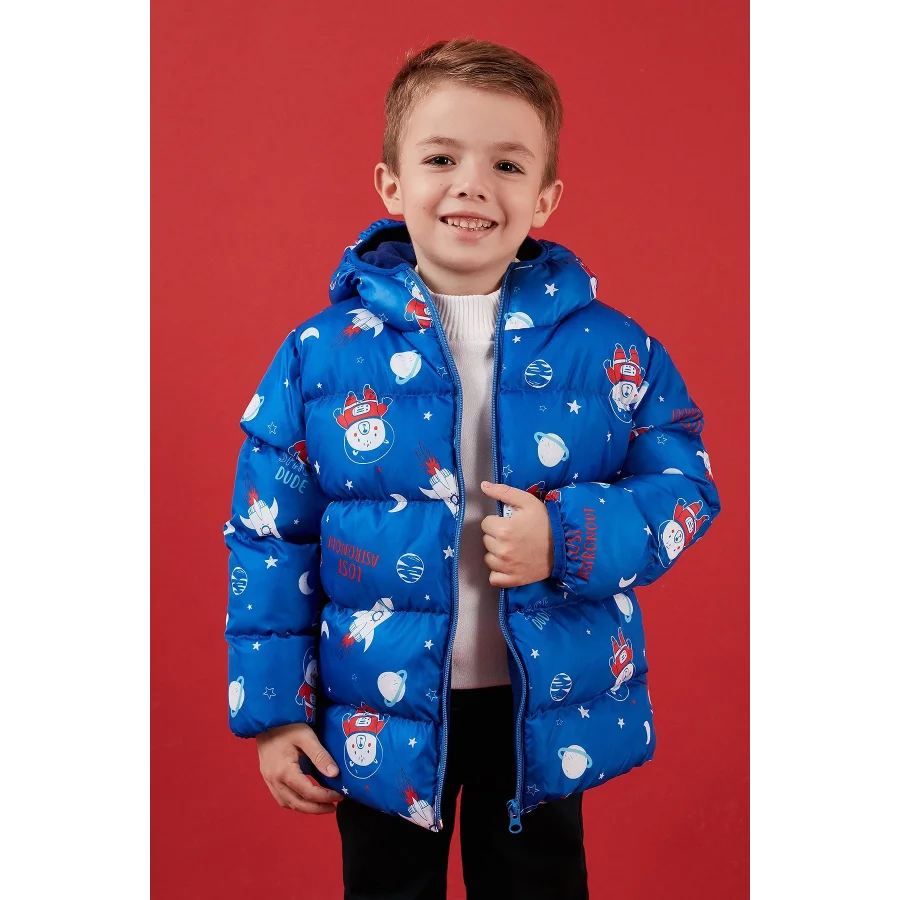 Ekstra Dolgulu İçi Yumuşak Polarlı Kapüşonlu Şişme Erkek Çocuk Mont - Lacivert