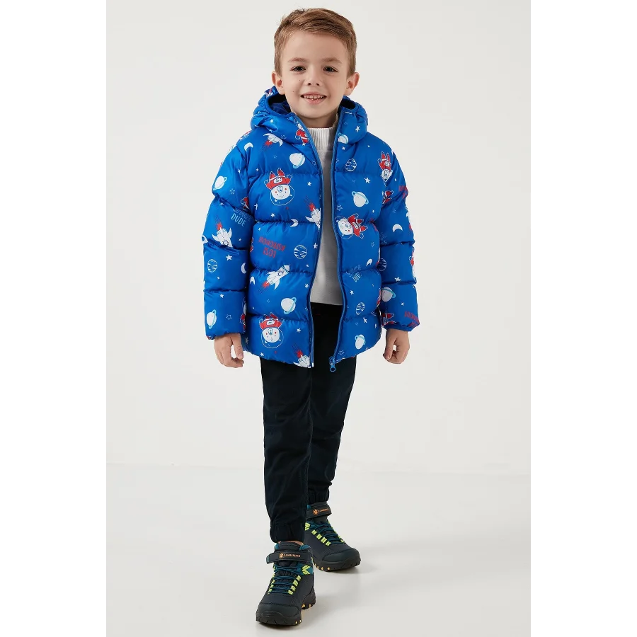 Ekstra Dolgulu İçi Yumuşak Polarlı Kapüşonlu Şişme Erkek Çocuk Mont - Lacivert