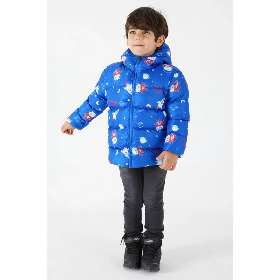 Ekstra Dolgulu İçi Yumuşak Polarlı Kapüşonlu Şişme Erkek Çocuk Mont - Lacivert