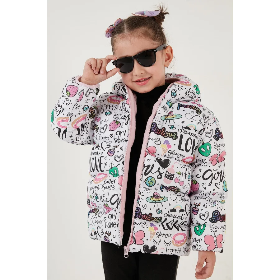 Ekstra Dolgulu İçi Yumuşak Polarlı Kapüşonlu Şişme Kız Çocuk Mont