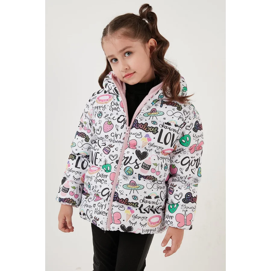 Ekstra Dolgulu İçi Yumuşak Polarlı Kapüşonlu Şişme Kız Çocuk Mont