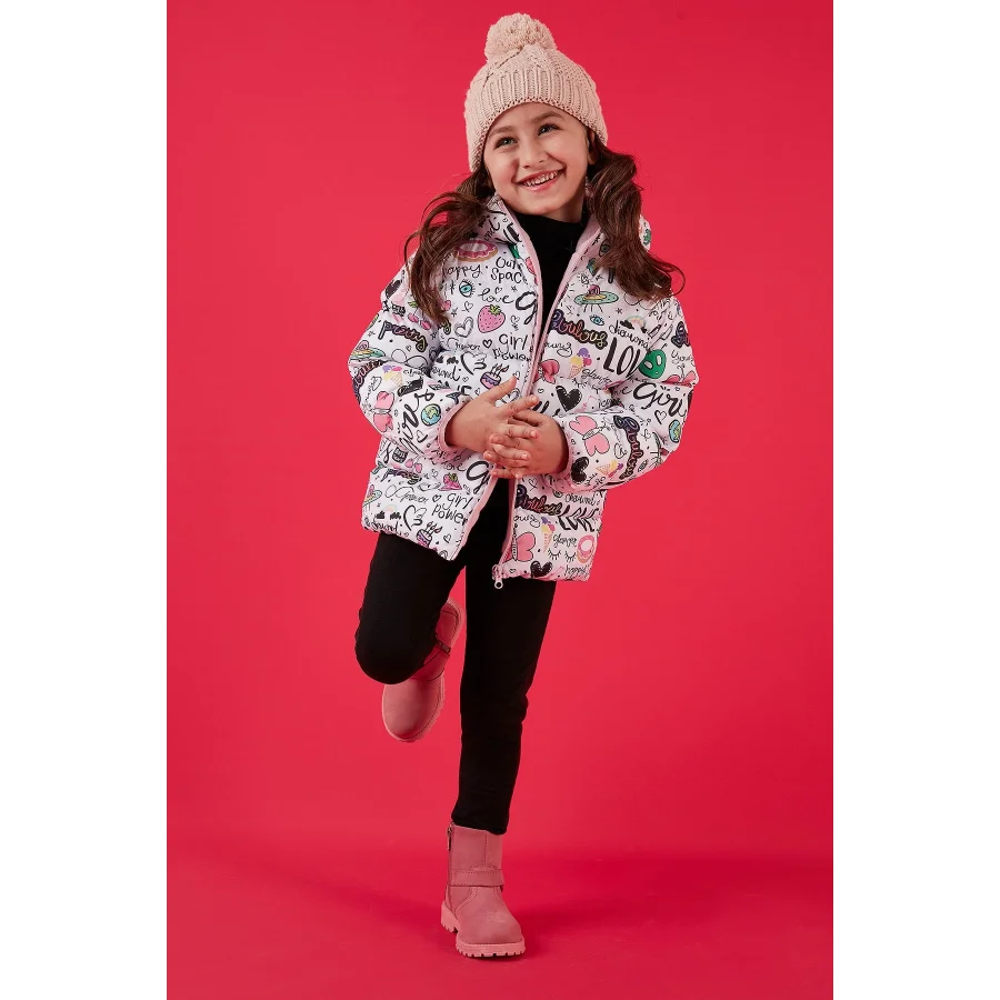 Ekstra Dolgulu İçi Yumuşak Polarlı Kapüşonlu Şişme Kız Çocuk Mont