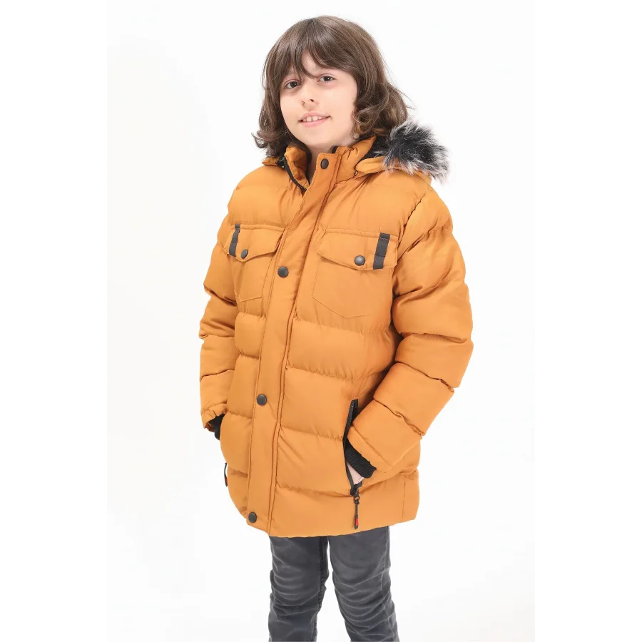Erkek Çocuk İçi Suni Kürklü Çıkarılabilir Kapüşonlu Cep Detaylı Şişme Mont- Hardal