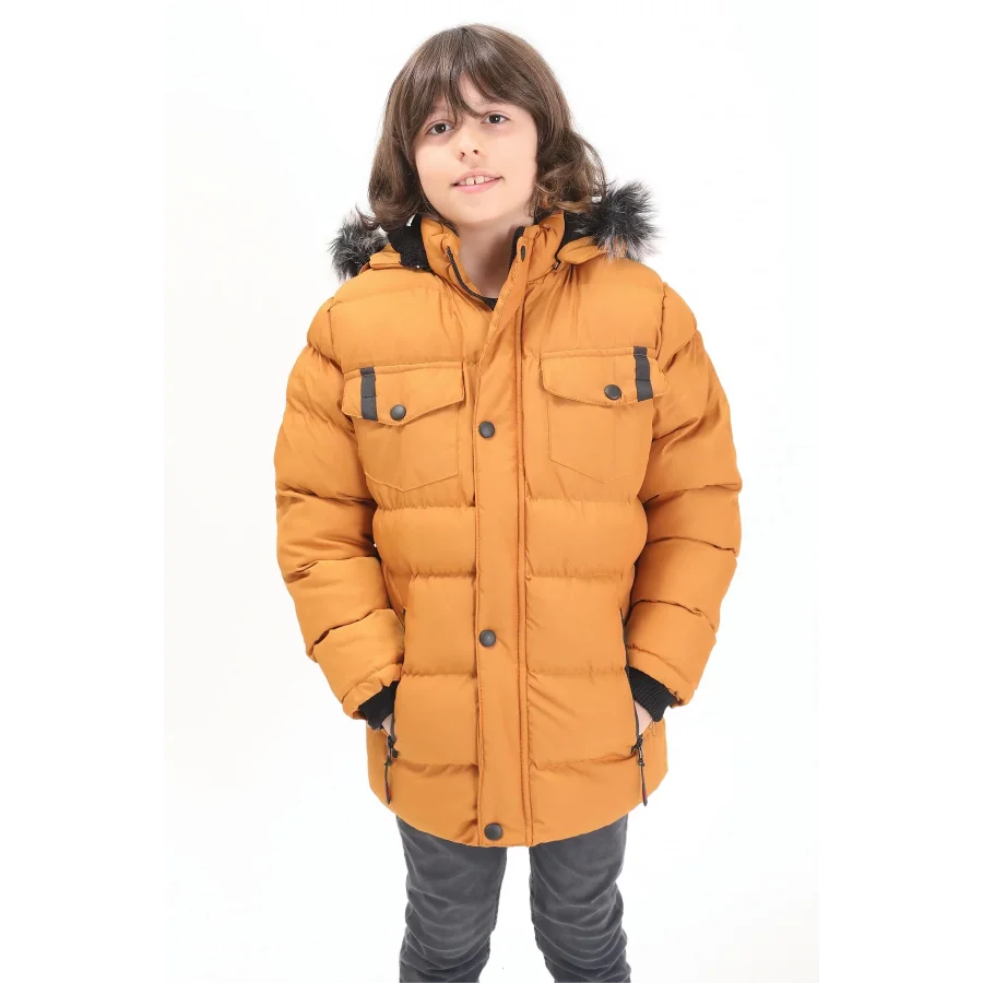 Erkek Çocuk İçi Suni Kürklü Çıkarılabilir Kapüşonlu Cep Detaylı Şişme Mont- Hardal
