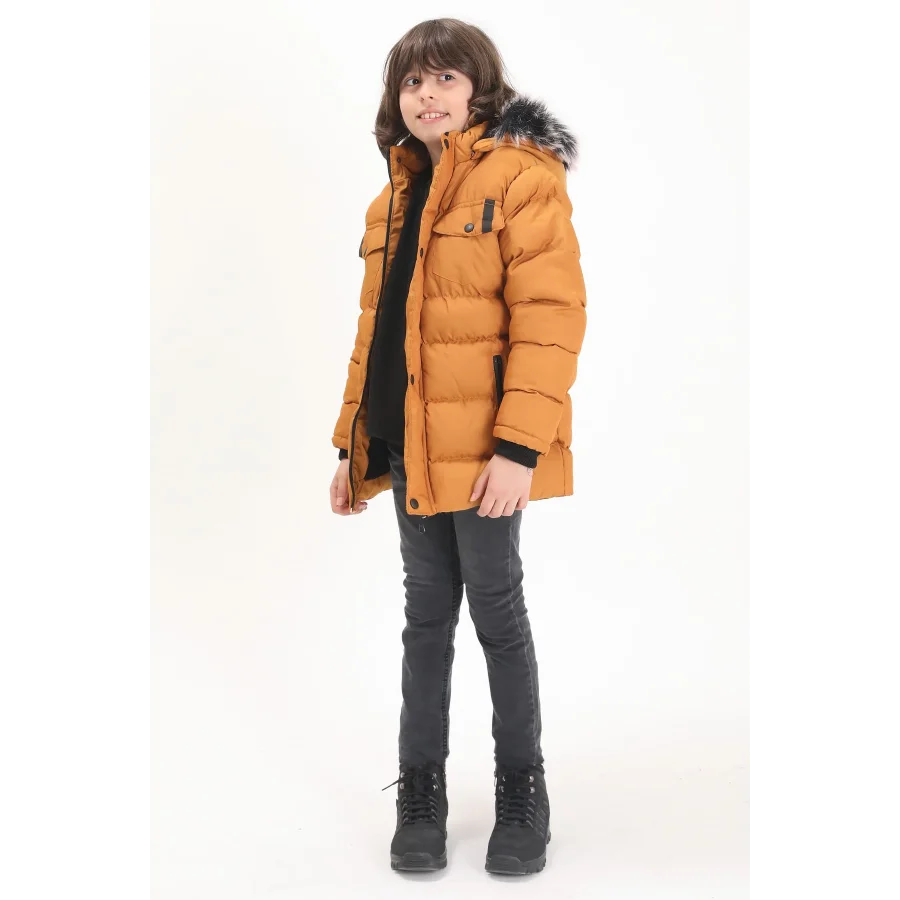 Erkek Çocuk İçi Suni Kürklü Çıkarılabilir Kapüşonlu Cep Detaylı Şişme Mont- Hardal