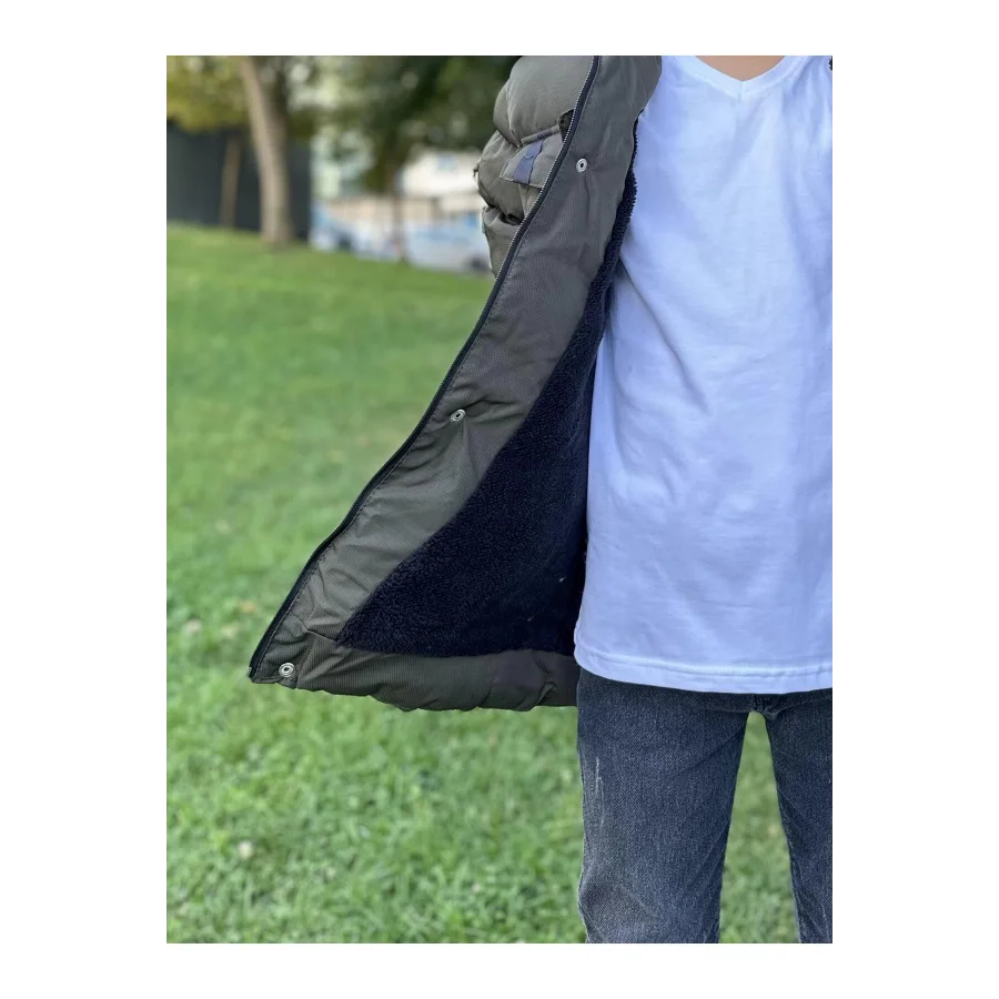 Erkek Çocuk İçi Suni Kürklü Çıkarılabilir Kapüşonlu Cep Detaylı Şişme Mont - Haki