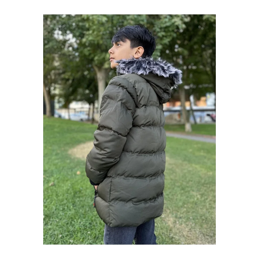 Erkek Çocuk İçi Suni Kürklü Çıkarılabilir Kapüşonlu Cep Detaylı Şişme Mont - Haki