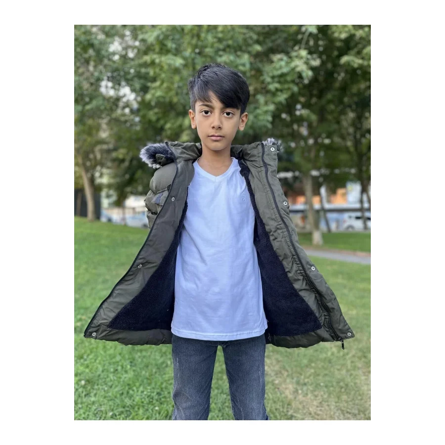 Erkek Çocuk İçi Suni Kürklü Çıkarılabilir Kapüşonlu Cep Detaylı Şişme Mont - Haki