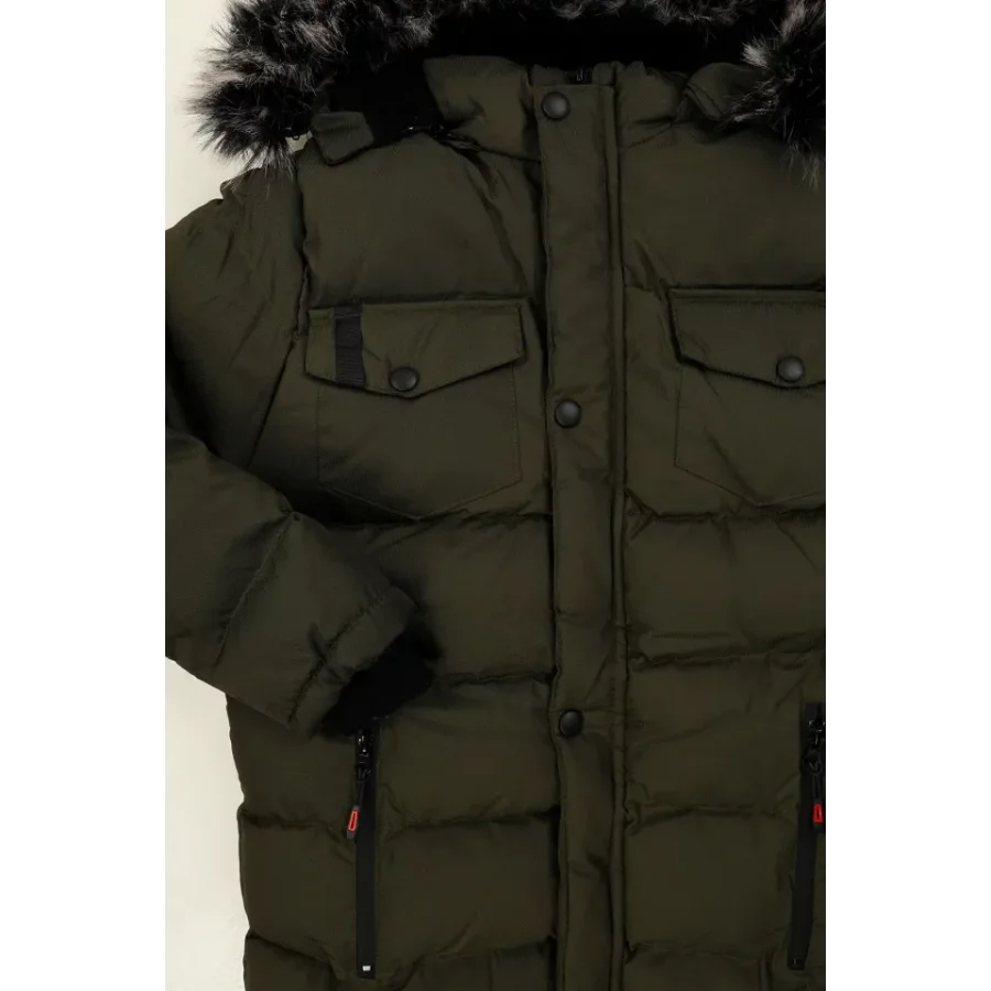 Erkek Çocuk İçi Suni Kürklü Çıkarılabilir Kapüşonlu Cep Detaylı Şişme Mont - Haki