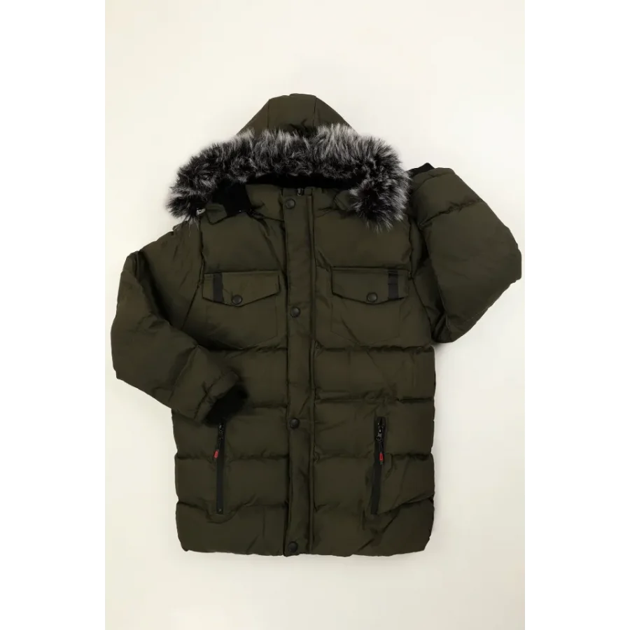 Erkek Çocuk İçi Suni Kürklü Çıkarılabilir Kapüşonlu Cep Detaylı Şişme Mont - Haki