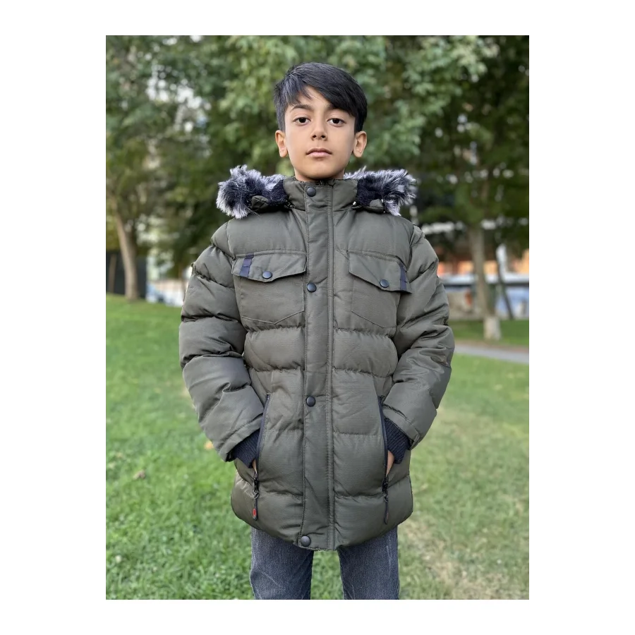 Erkek Çocuk İçi Suni Kürklü Çıkarılabilir Kapüşonlu Cep Detaylı Şişme Mont - Haki