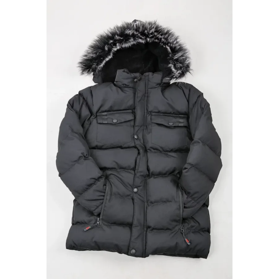 Erkek Çocuk İçi Suni Kürklü Çıkarılabilir Kapüşonlu Cep Detaylı Şişme Mont - Siyah