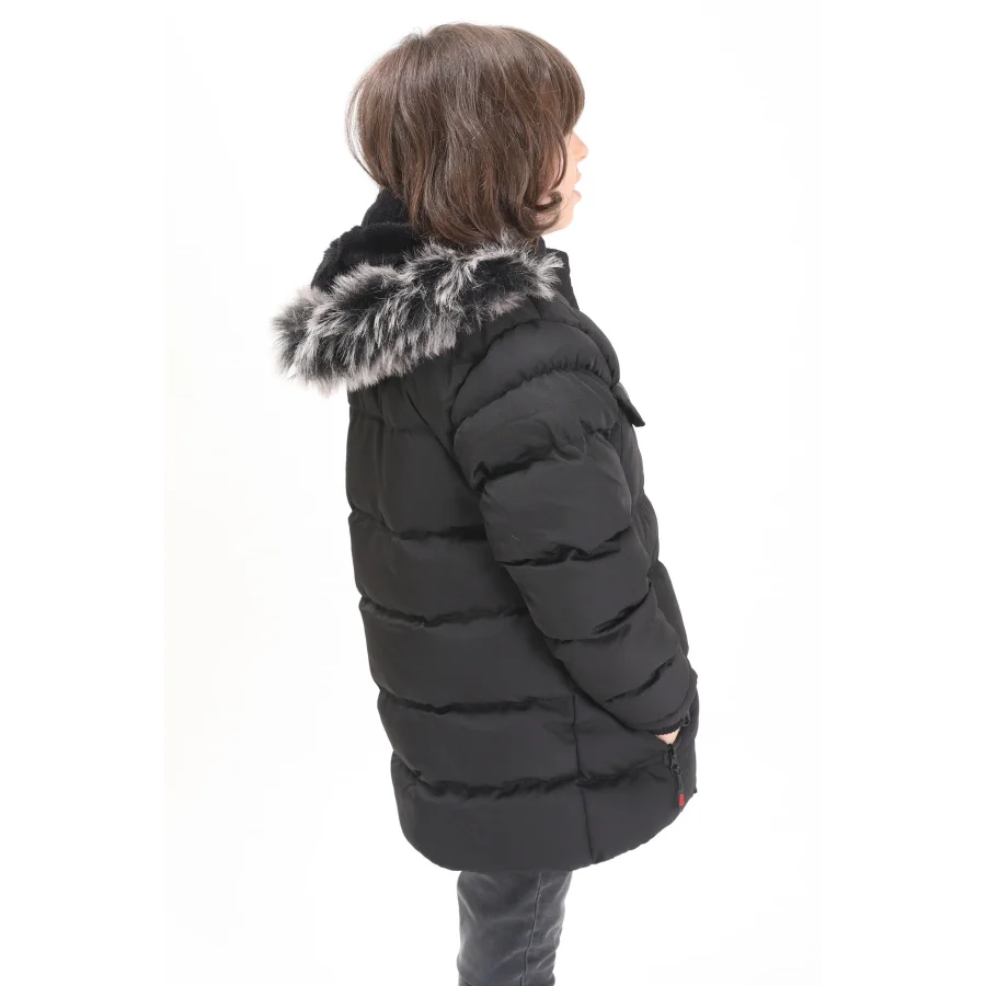 Erkek Çocuk İçi Suni Kürklü Çıkarılabilir Kapüşonlu Cep Detaylı Şişme Mont - Siyah