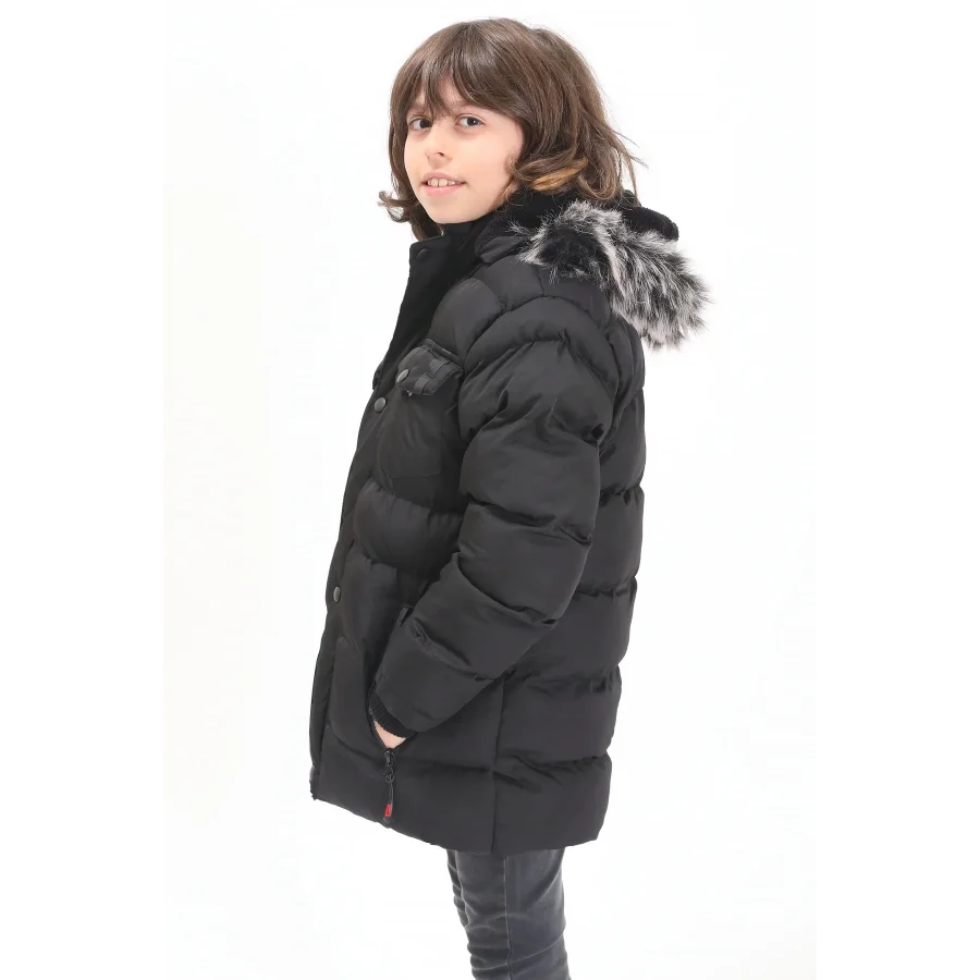 Erkek Çocuk İçi Suni Kürklü Çıkarılabilir Kapüşonlu Cep Detaylı Şişme Mont - Siyah