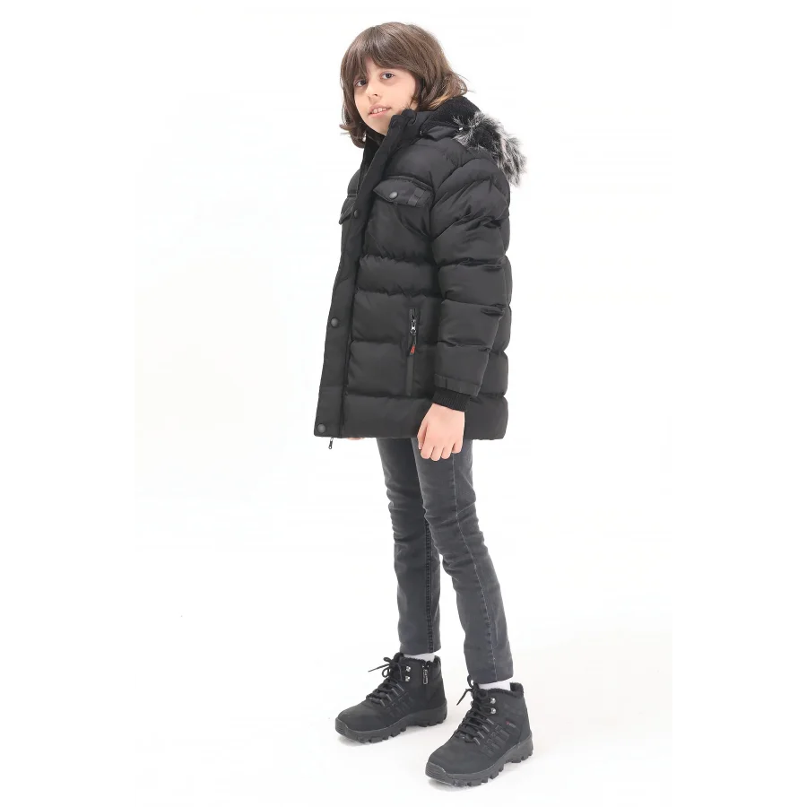 Erkek Çocuk İçi Suni Kürklü Çıkarılabilir Kapüşonlu Cep Detaylı Şişme Mont - Siyah