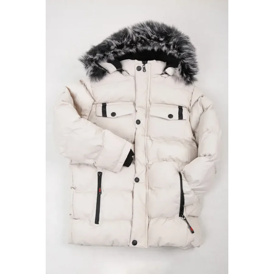 Erkek Çocuk İçi Suni Kürklü Çıkarılabilir Kapüşonlu Cep Detaylı Şişme Mont - Taş