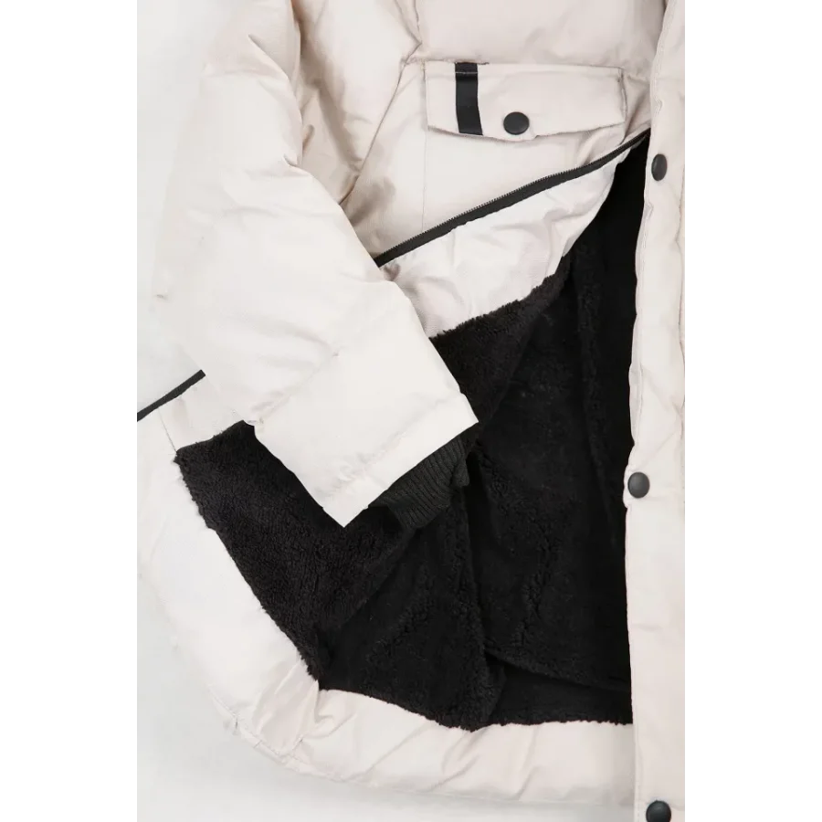 Erkek Çocuk İçi Suni Kürklü Çıkarılabilir Kapüşonlu Cep Detaylı Şişme Mont - Taş