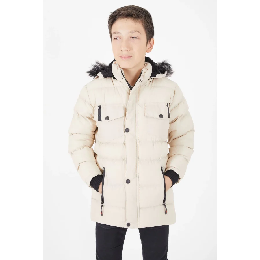 Erkek Çocuk İçi Suni Kürklü Çıkarılabilir Kapüşonlu Cep Detaylı Şişme Mont - Taş