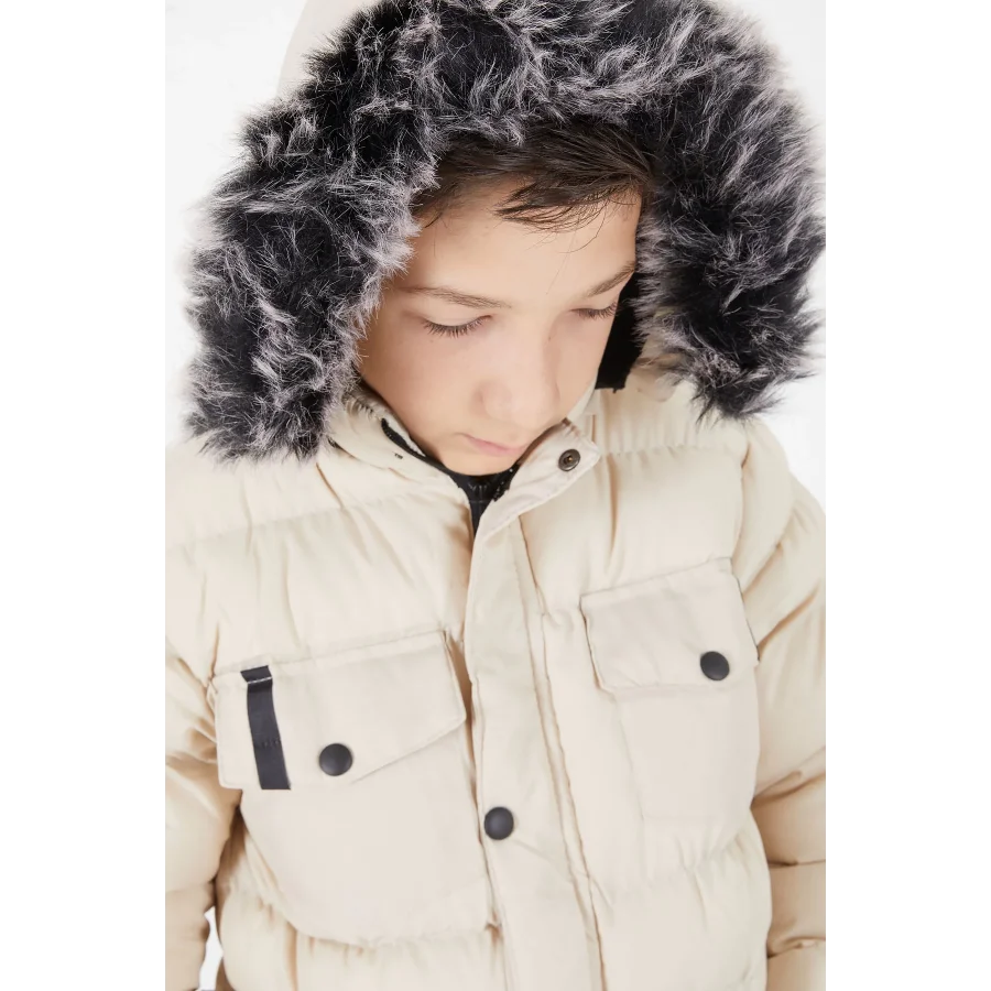 Erkek Çocuk İçi Suni Kürklü Çıkarılabilir Kapüşonlu Cep Detaylı Şişme Mont - Taş