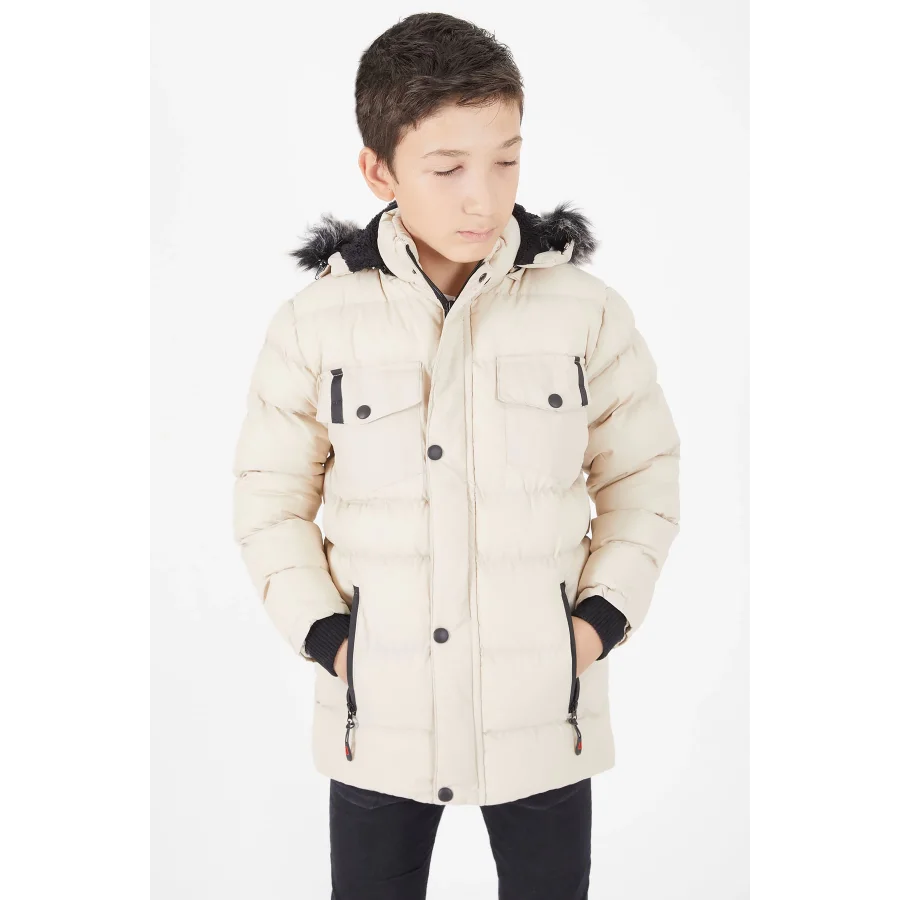 Erkek Çocuk İçi Suni Kürklü Çıkarılabilir Kapüşonlu Cep Detaylı Şişme Mont - Taş