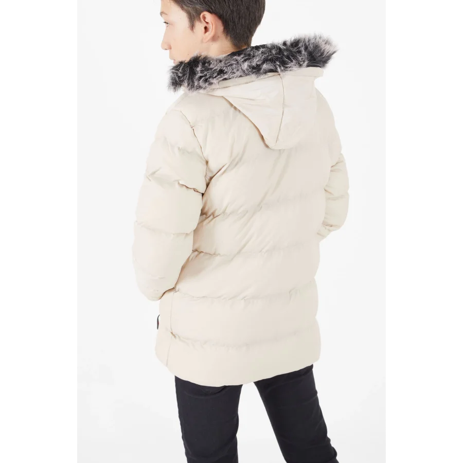 Erkek Çocuk İçi Suni Kürklü Çıkarılabilir Kapüşonlu Cep Detaylı Şişme Mont - Taş