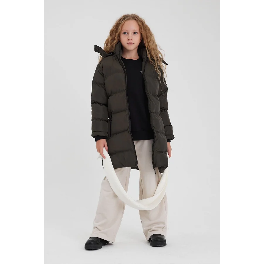 Haki Kız Çocuk Çıkartılabilir Kapüşonlu Su İtici Rüzgar Geçirmez İçi Kürklü Uzun Şişme Mont - Kaban