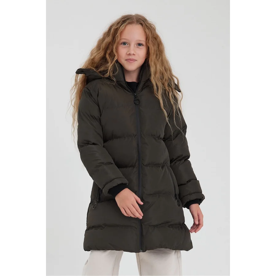 Haki Kız Çocuk Çıkartılabilir Kapüşonlu Su İtici Rüzgar Geçirmez İçi Kürklü Uzun Şişme Mont - Kaban